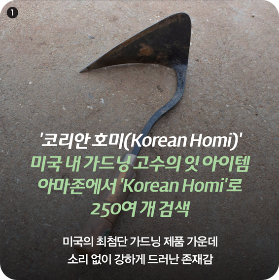 1. '코리안 호미(Korean Homi)' 미국 내 가드닝 고수의 잇 아이템 아마존에서 'Korean Homi'로 250여 개 검색, 미국의 최첨단 가드닝 제품 가운데 소리 없이 강하게 드러난 존재감 